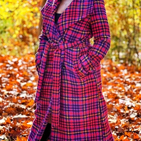 Long Lined Plaid Winter Coat - Houndstooth Thick Outerwear with Pockets - Picture 4 of 5